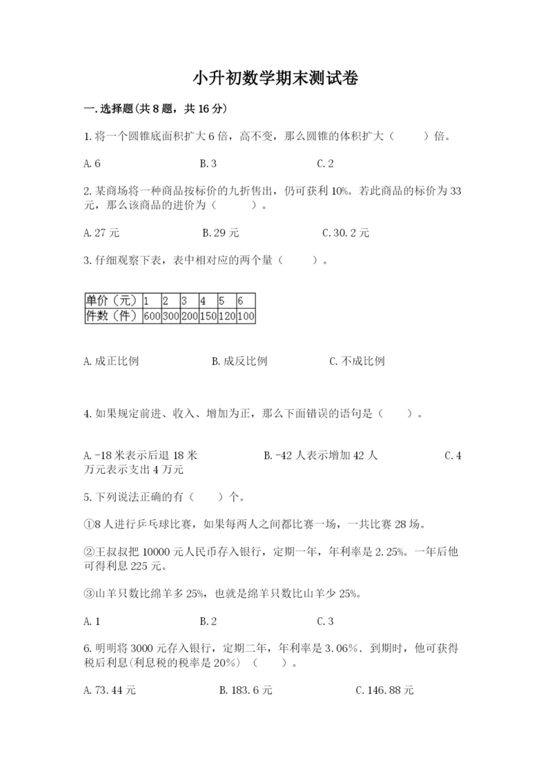 小升初数学期末测试卷（名校卷）word版.docx