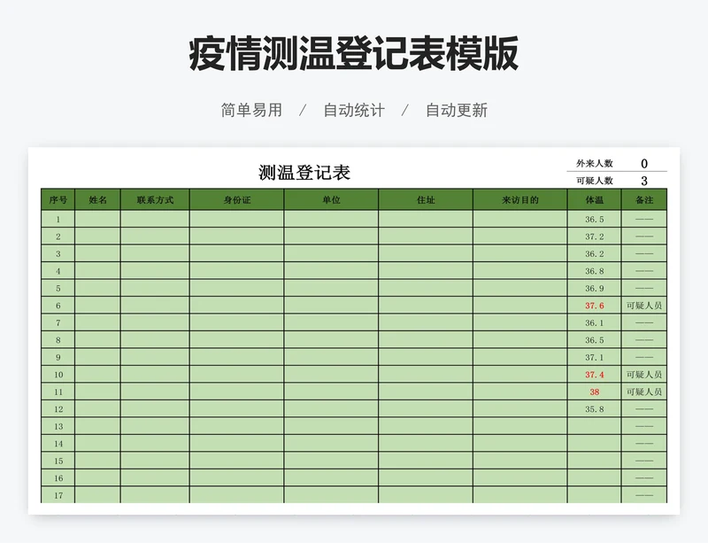 疫情测温登记表模版