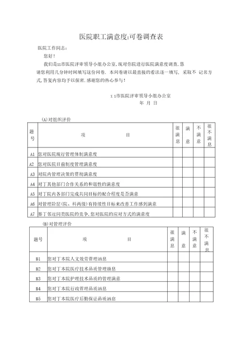 医院职工满意度问卷调查表2