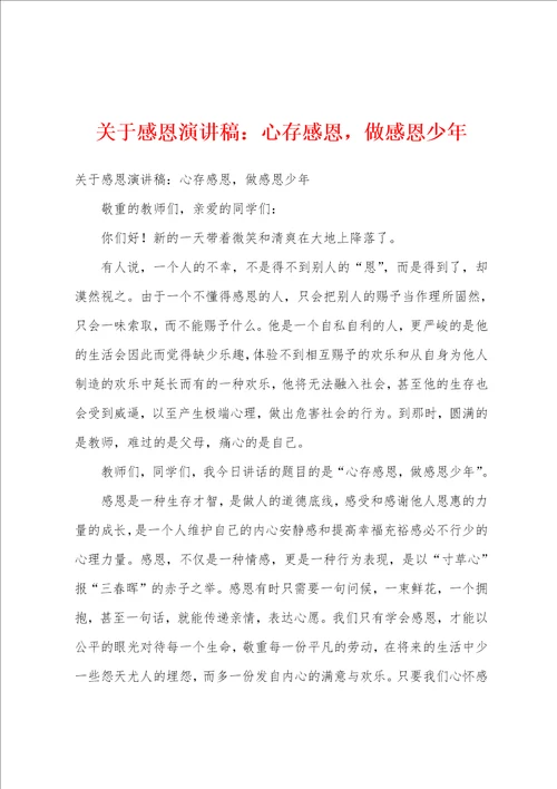 关于感恩演讲稿：心存感恩，做感恩少年