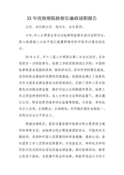 XX年度检察院检察长廉政述职报告