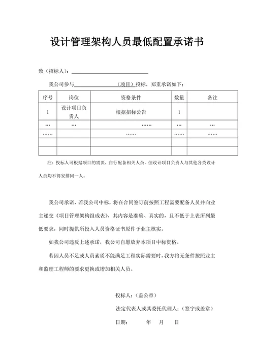 设计管理架构人员最低配置承诺书