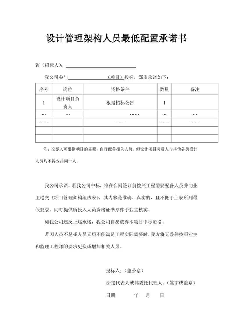 设计管理架构人员最低配置承诺书
