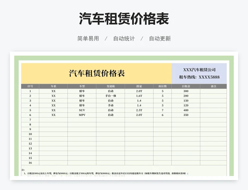 汽车租赁价格表