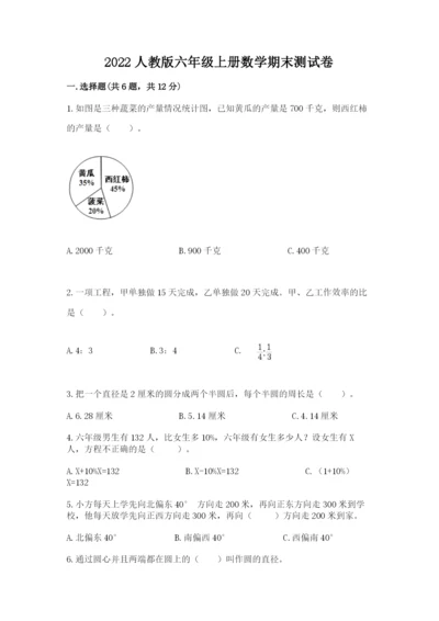 2022人教版六年级上册数学期末测试卷带答案（培优a卷）.docx