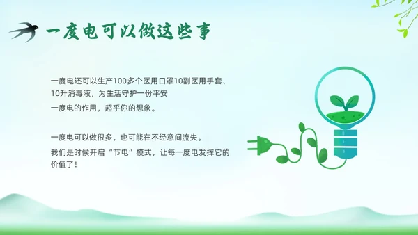绿色插画环保节约用电主题班会PPT课件