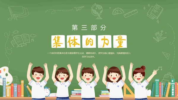 绿色黑板风卡通插画承担关爱集体的责任动态PPT