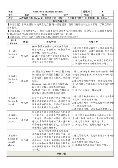 Unit 10 I'd like some noodles.单元整体教学分析