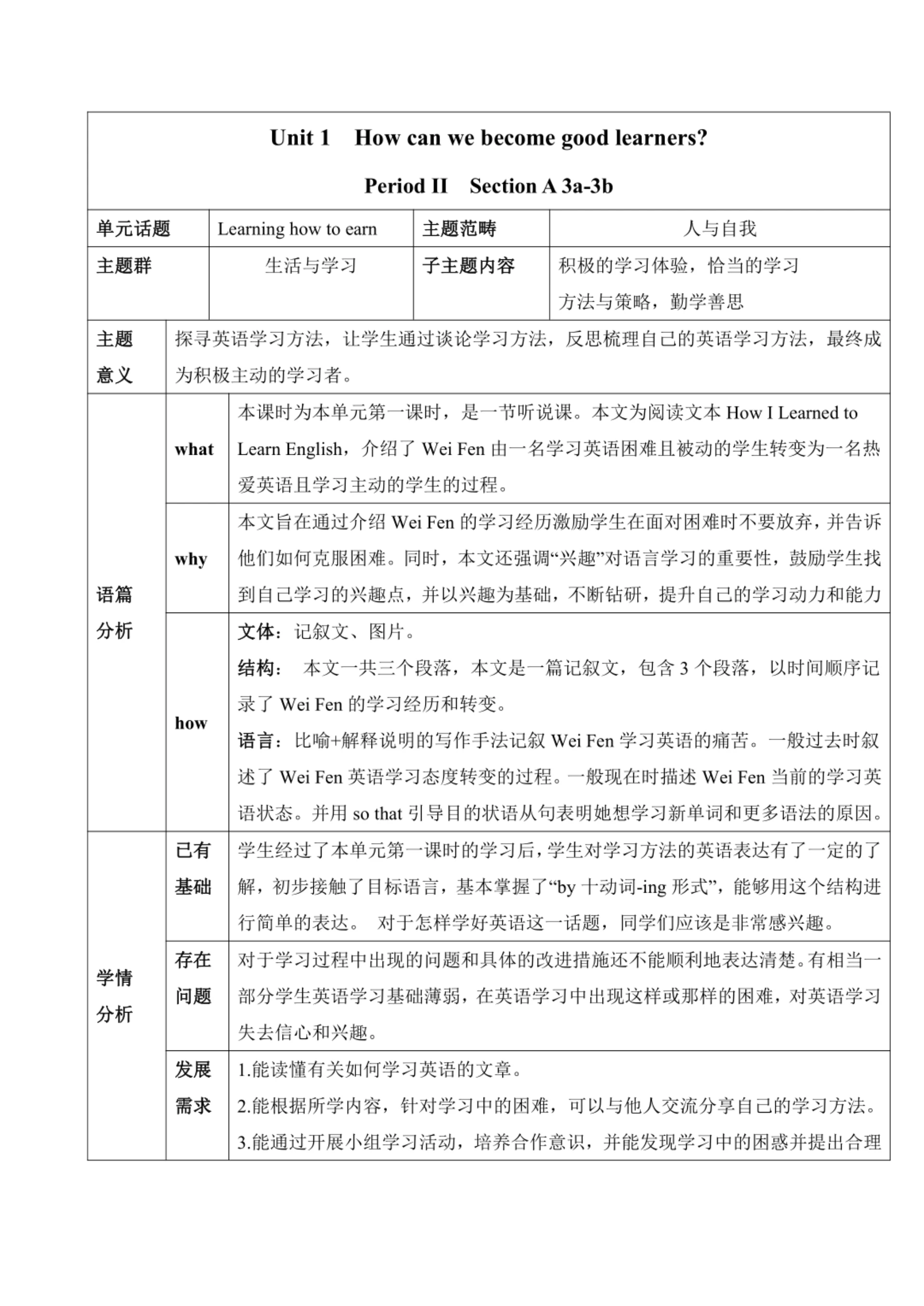Unit 1  Section A 3a-3b  表格版教学设计（2024-2025人教版英语九年级