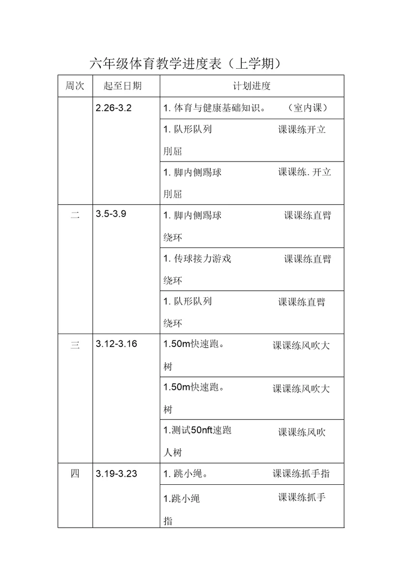 六年级体育教学进度表