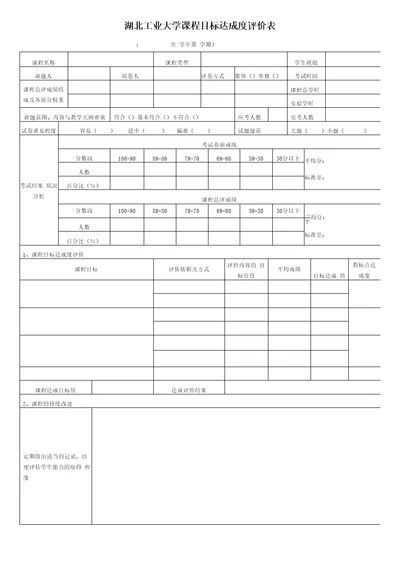 湖北工业大学课程目标达成度评价表