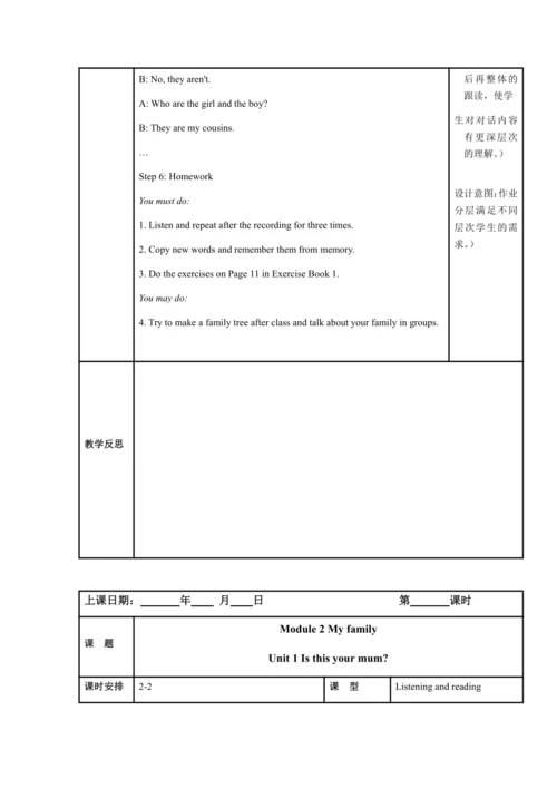 Module 2 My family 模块表格式教案（5课时）