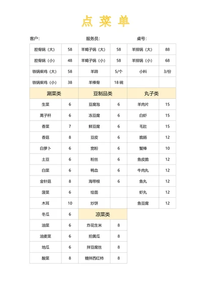 点菜单价目表