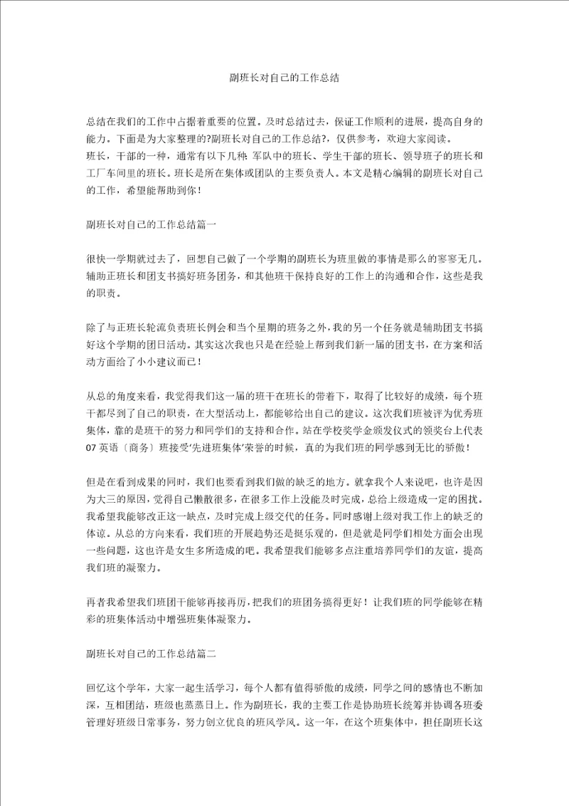 副班长对自己的工作总结