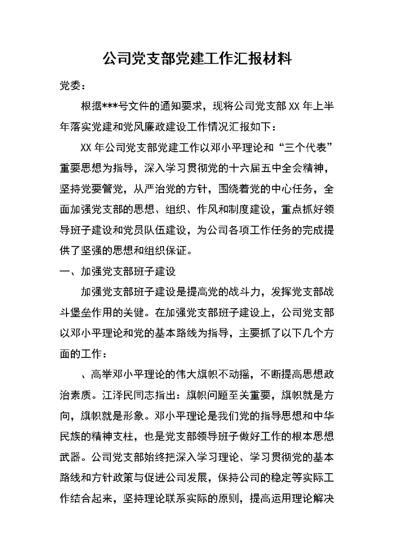 公司党支部党建工作汇报材料