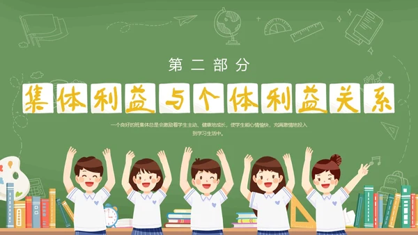 绿色黑板风卡通插画承担关爱集体的责任动态PPT