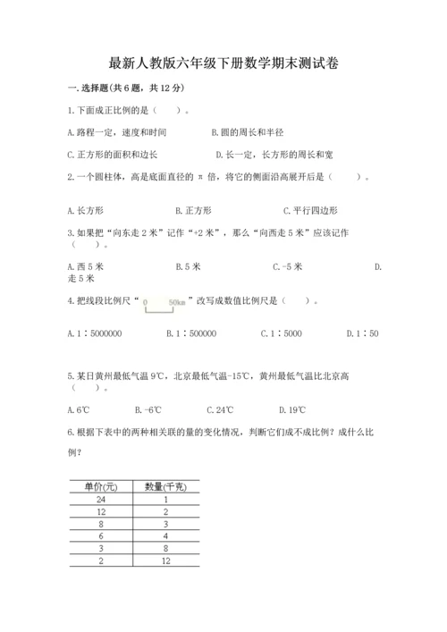 最新人教版六年级下册数学期末测试卷及答案（全优）.docx