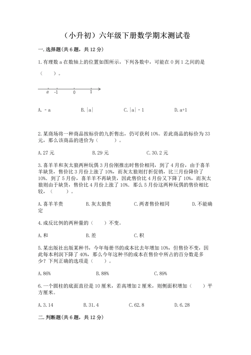 （小升初）六年级下册数学期末测试卷有答案.docx