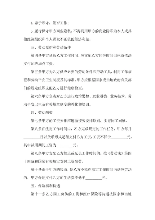 2022简易版用人劳动合同
