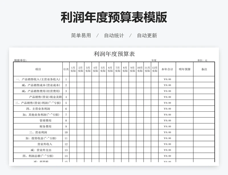 利润年度预算表模版