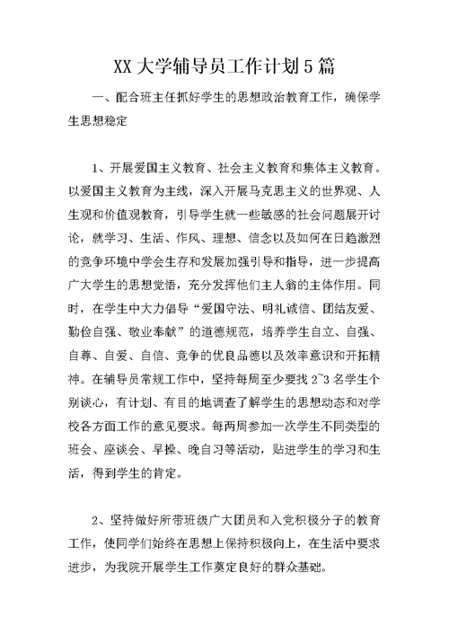 XX大学辅导员工作计划5篇