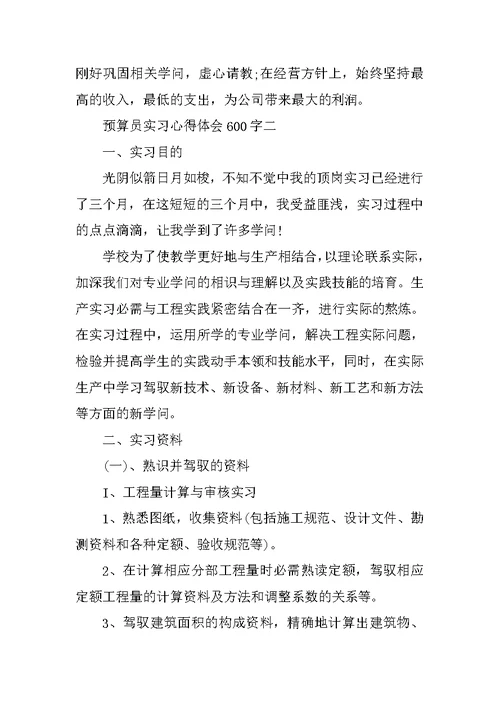 预算员实习心得体会600字