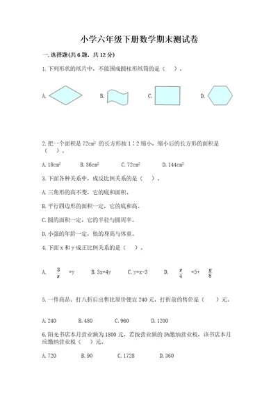 小学六年级下册数学期末测试卷附完整答案精选题