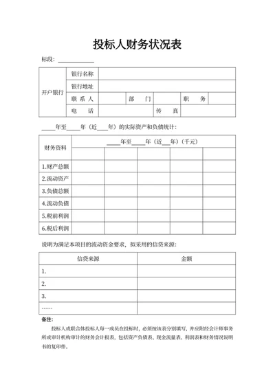 投标人财务状况表