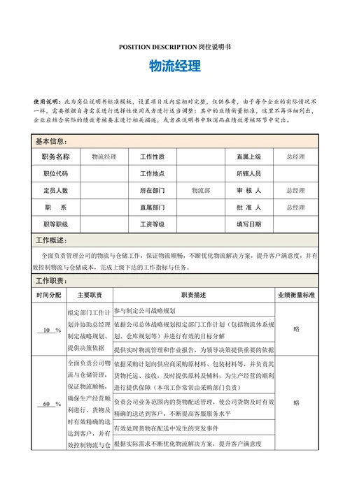 岗位说明书物流经理