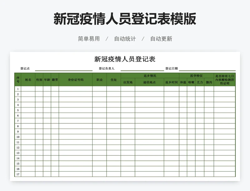 新冠疫情人员登记表模版