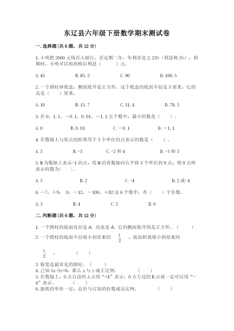 东辽县六年级下册数学期末测试卷附答案.docx