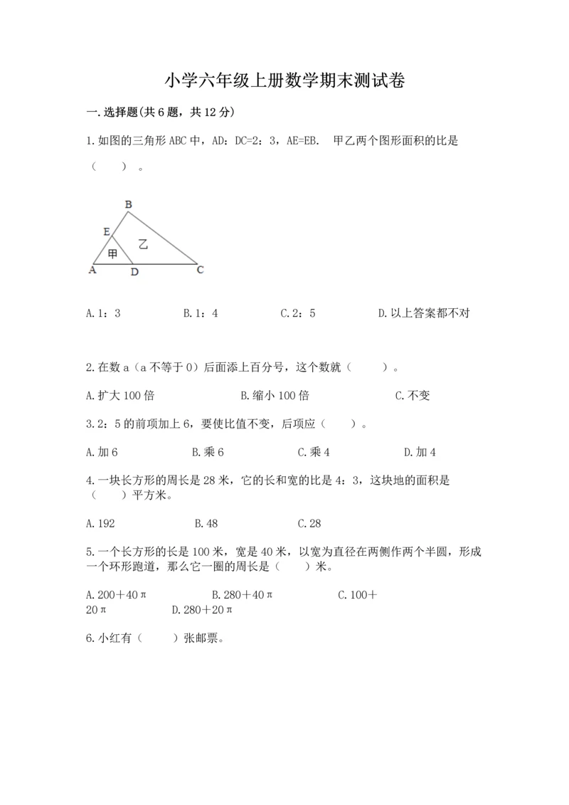 小学六年级上册数学期末测试卷（易错题）word版.docx