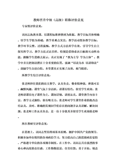 教师晋升中级(高级)职称评价意见