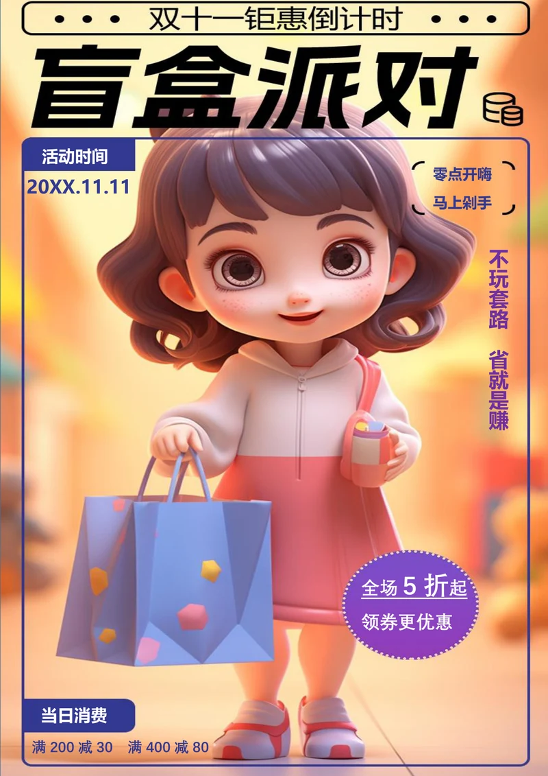 卡通盲盒派对双十一海报