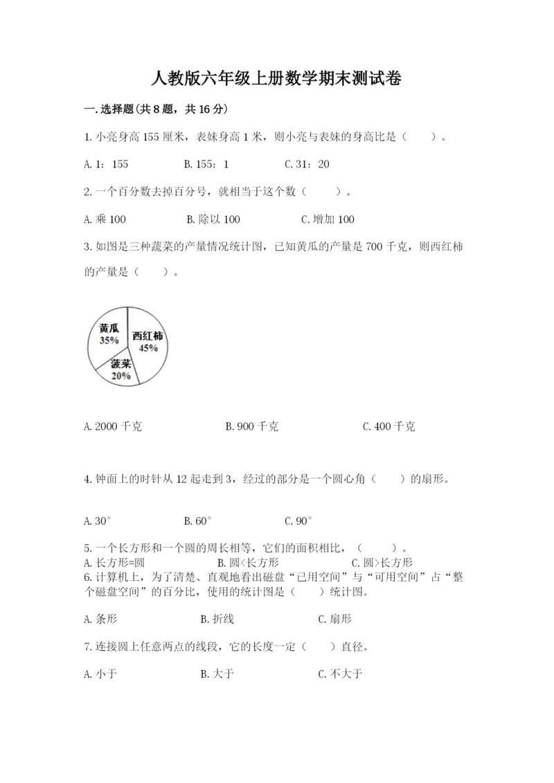 人教版六年级上册数学期末测试卷及参考答案【精练】.docx