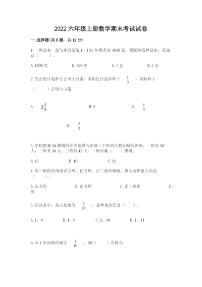 2022六年级上册数学期末考试试卷及完整答案一套.docx