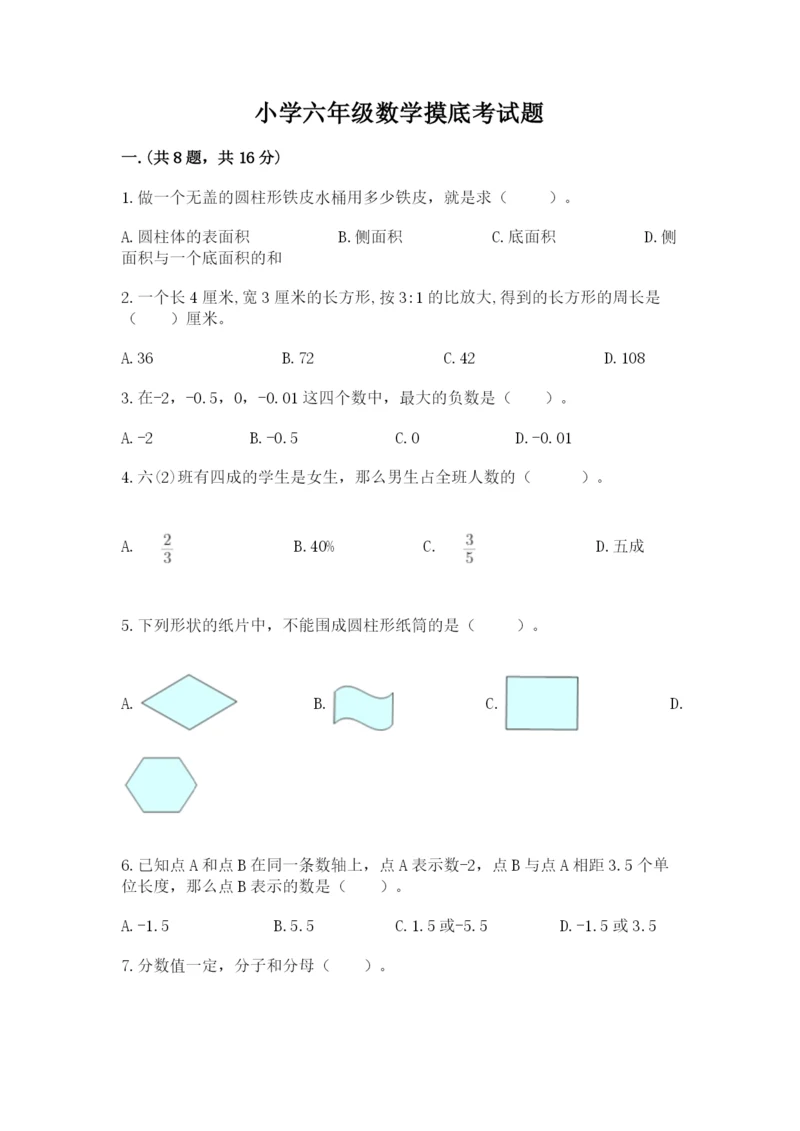 小学六年级数学摸底考试题及完整答案（有一套）.docx