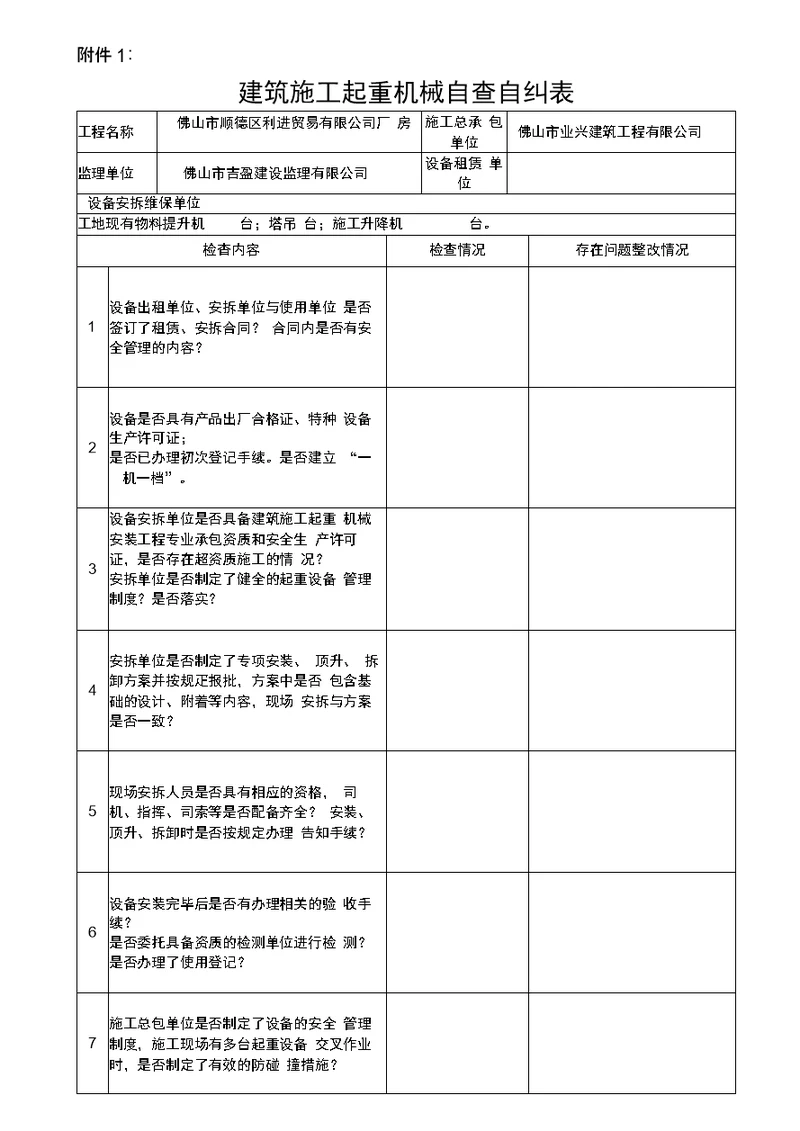 安表附件1：建筑施工起重机械自查自纠表