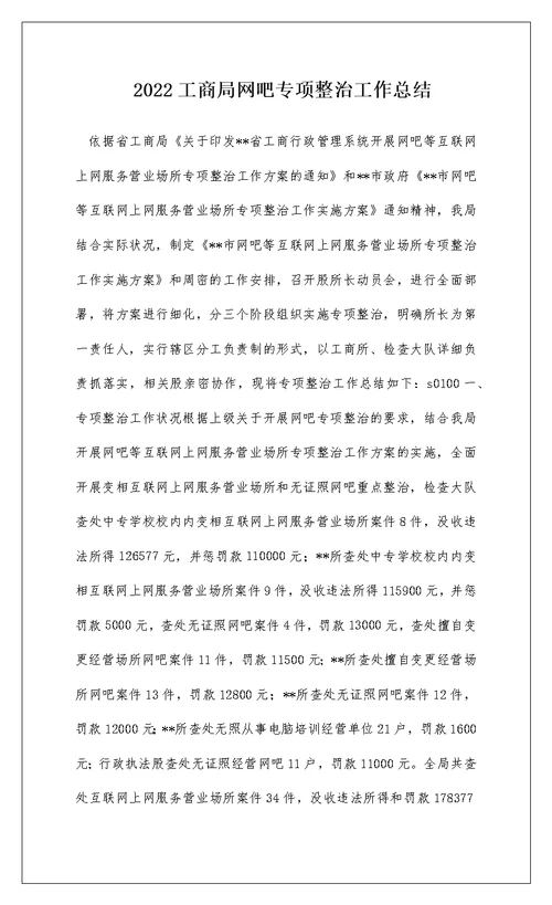 2022工商局网吧专项整治工作总结