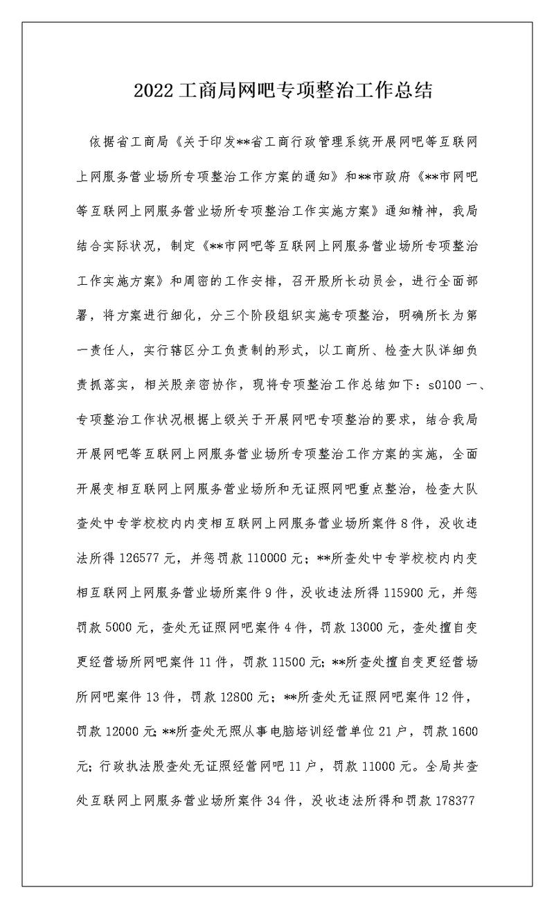 2022工商局网吧专项整治工作总结