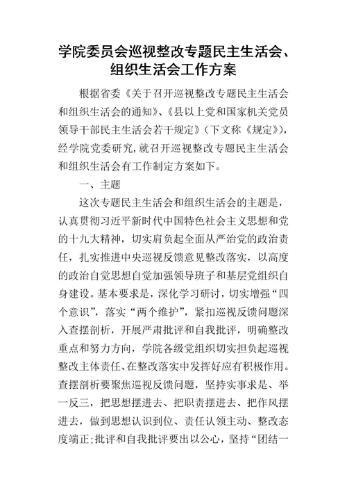 学院委员会巡视整改专题民主生活会、组织生活会工作方案