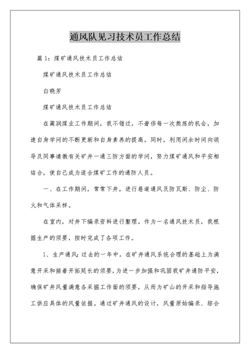 通风队见习技术员工作总结