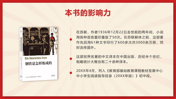 红色剪纸风初中名著钢铁是怎样炼成的带内容PPT模板