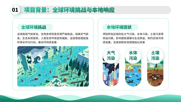 绿色扁平插画环保工作者的项目与成果展示PPT模板