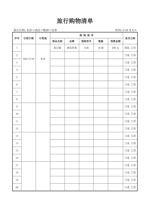 旅行购物清单