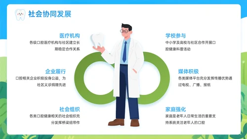 蓝绿色插画风关于社区义诊助力老年口腔保健PPT模板
