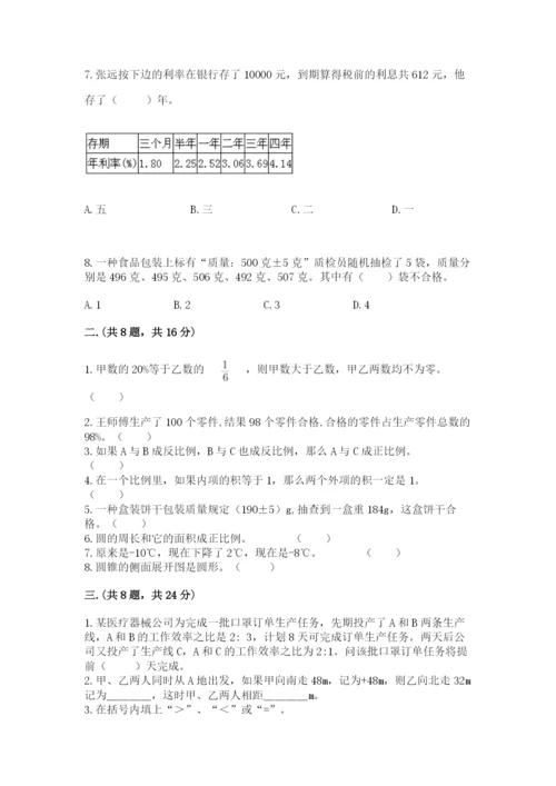 小学六年级数学摸底考试题（黄金题型）.docx