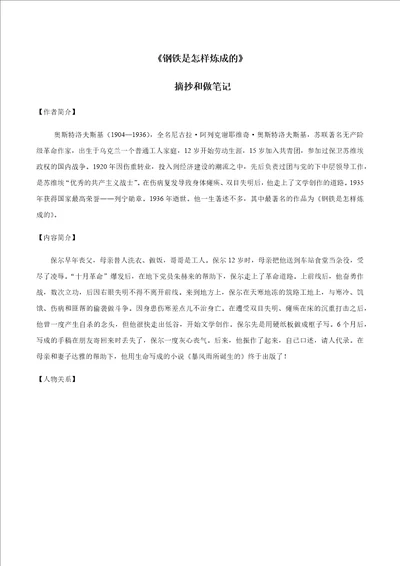 钢铁是怎样炼成的考点知识点汇编2020年中考名著阅读“讲练复习