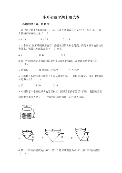 小升初数学期末测试卷带答案（实用）