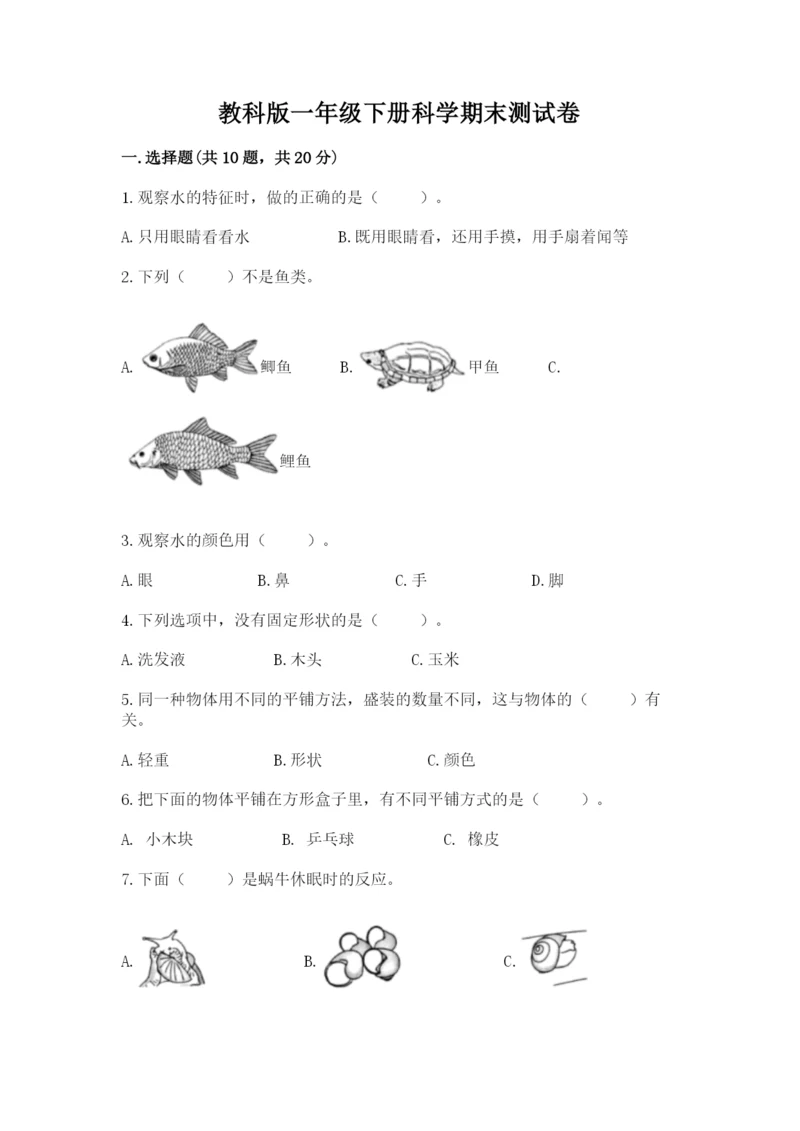 教科版一年级下册科学期末测试卷带答案（精练）.docx